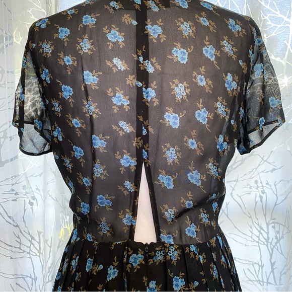 Reformation black blue floral print collared 1/2 button short sleeve mini dress - Picture 8 of 13